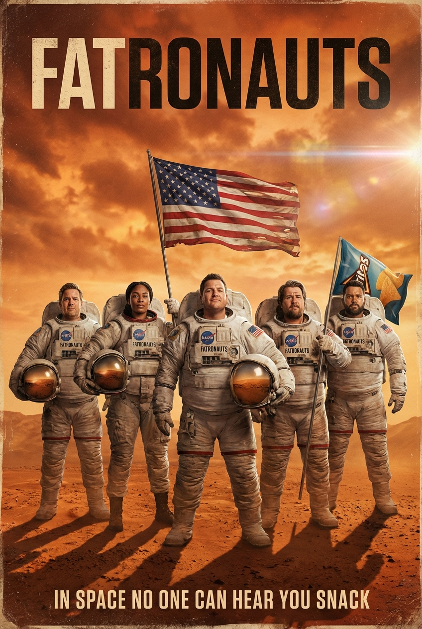 Fatronauts poster showing an underdog astronaut crew on Mars